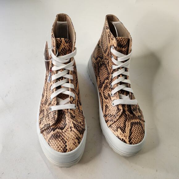 Superga Hi-Top Platform Sneakers Women's 38/7.5 Brown Reptile Leather NWOB - Picture 3 of 8
